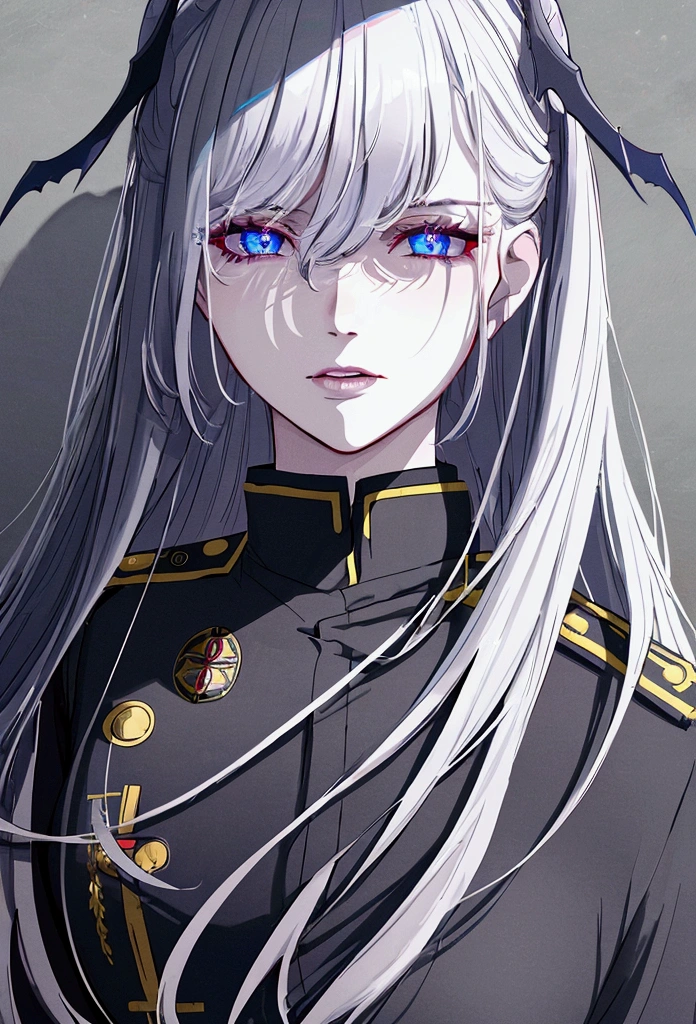 (beste Qualität,4k,8k,highres,Meisterwerk:1.2),1 Mädchen,Anime-Serie,Militäruniform,Dunkelblaue Uniform,langes weißes Haar,Weiße Augen,böser Anblick,Detailliertes Gesicht,Detaillierte Augen,detaillierte Lippen,lange Wimpern,digital art,filmische Beleuchtung,dunkle, stimmungsvolle Atmosphäre,dramatische Schatten auf drei Seiten