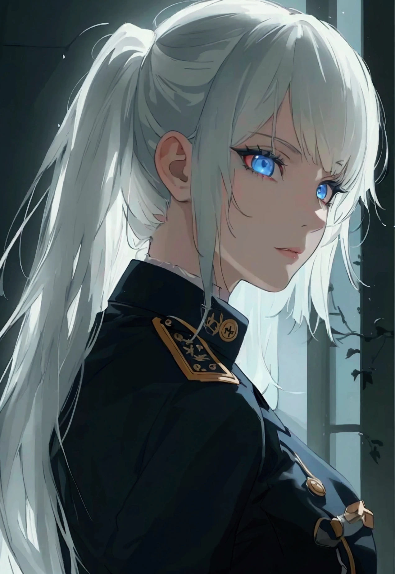 (best quality,4k,8k,highres,masterpiece:1.2),1girl,anime,military uniform,dark blue uniform,long white hair,white eyes,evil look,detailed face,detailed eyes,detailed lips,longeyelashes,digital art,cinematic lighting,dark moody atmosphere,dramatic shadows on three sides