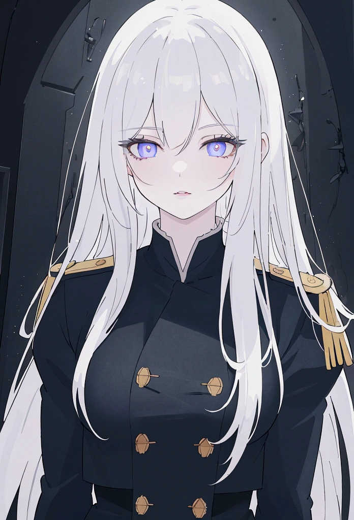 (beste Qualität,4k,8k,highres,Meisterwerk:1.2),1 Mädchen,Anime-Serie,Militäruniform,Dunkelblaue Uniform,langes weißes Haar,Weiße Augen,böser Anblick,Detailliertes Gesicht,Detaillierte Augen,detaillierte Lippen,lange Wimpern,digital art,filmische Beleuchtung,dunkle, stimmungsvolle Atmosphäre,dramatische Schatten auf drei Seiten