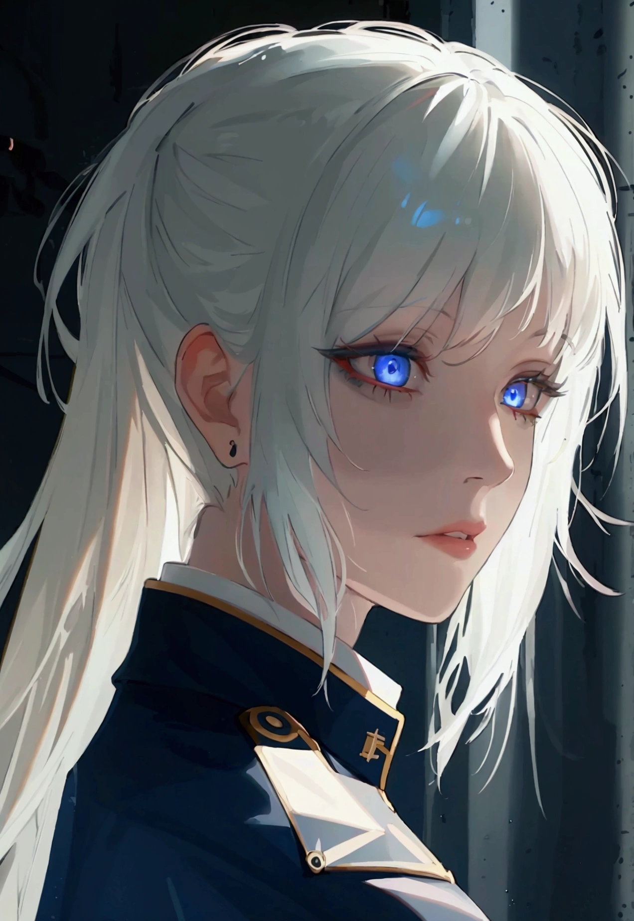 (best quality,4k,8k,highres,masterpiece:1.2),1girl,anime,military uniform,dark blue uniform,long white hair,white eyes,evil look,detailed face,detailed eyes,detailed lips,longeyelashes,digital art,cinematic lighting,dark moody atmosphere,dramatic shadows on three sides