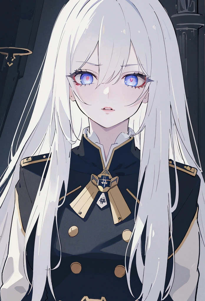 (beste Qualität,4k,8k,highres,Meisterwerk:1.2),1 Mädchen,Anime-Serie,Militäruniform,Dunkelblaue Uniform,langes weißes Haar,Weiße Augen,böser Anblick,Detailliertes Gesicht,Detaillierte Augen,detaillierte Lippen,lange Wimpern,digital art,filmische Beleuchtung,dunkle, stimmungsvolle Atmosphäre,dramatische Schatten auf drei Seiten