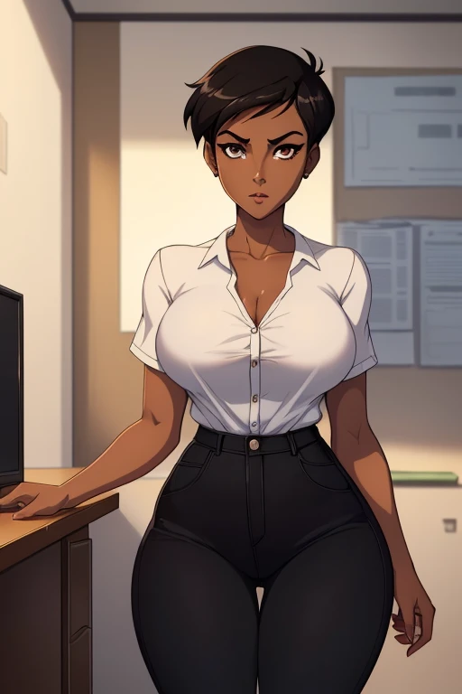 ((ultra quality)), ((masterpiece)), Lois Lane, short stature, ((black short hair tomboy hairstyle)), (Beautiful face), (beautiful female lips), (), charming, ((sexy facial expression)), looks at the camera, eyes slightly open, (Dark skin color), (dark skin), glare on the body, ((detailed beautiful female eyes)), ((dark brown eyes)), (juicy female lips), (dark makeup, dark eyeliner, dark lipstick), (beautiful female hands), ((ideal female figure)), ideal female body, beautiful waist, gorgeous thighs, beautiful medium breasts, ((subtle and beautiful)), sexy worth (), (White shirt, Black jeans) background: office, ((depth of field)), ((high quality clear image)), (clear details), ((high detail)), realistically, professional photo session, ((Clear Focus)), anime