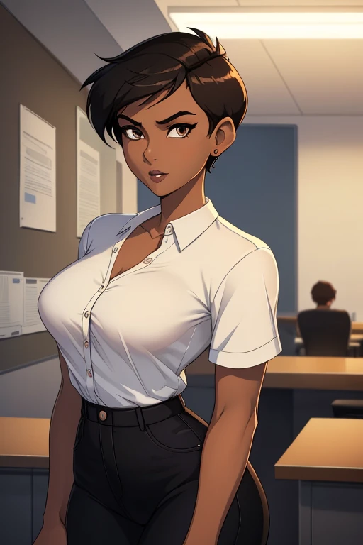 ((ultra quality)), ((masterpiece)), Lois Lane, short stature, ((black short hair tomboy hairstyle)), (Beautiful face), (beautiful female lips), (), charming, ((sexy facial expression)), looks at the camera, eyes slightly open, (Dark skin color), (dark skin), glare on the body, ((detailed beautiful female eyes)), ((dark brown eyes)), (juicy female lips), (dark makeup, dark eyeliner, dark lipstick), (beautiful female hands), ((ideal female figure)), ideal female body, beautiful waist, gorgeous thighs, beautiful medium breasts, ((subtle and beautiful)), sexy worth (), (White shirt, Black jeans) background: office, ((depth of field)), ((high quality clear image)), (clear details), ((high detail)), realistically, professional photo session, ((Clear Focus)), anime