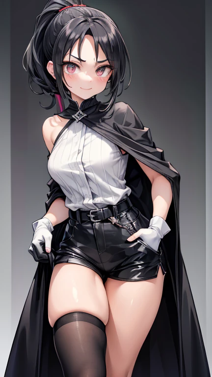 Adult features　tall　ponytail　Slit eyes　laugh at　Glare　frivolous attitude　Evil Face　White shirt　Black hot pants　Black long gloves　Black knee socks　One-sided cloak　grassland　Lift your chin　looking at the camera