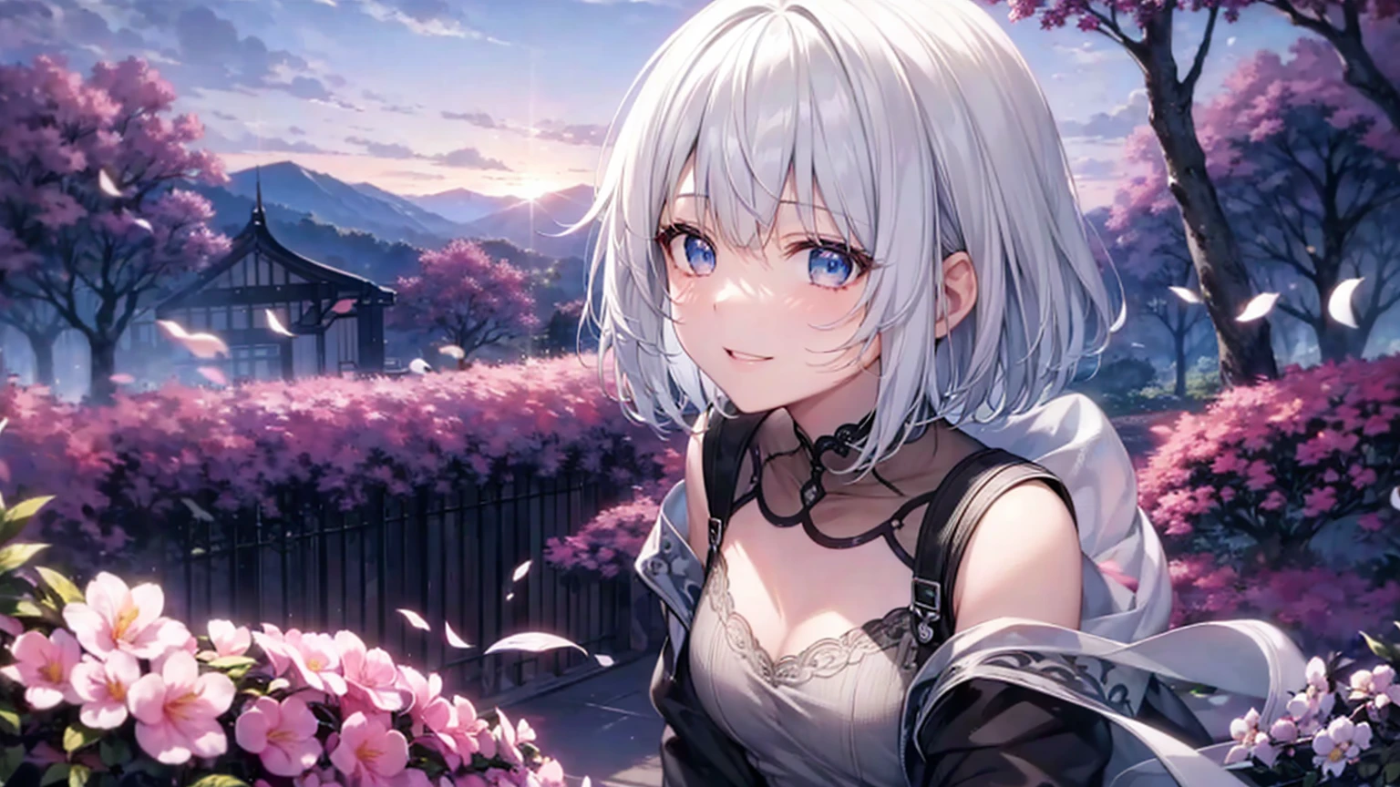 Ultra HD,Look at the viewers, Put your hands behind your back, With a girl, 20-year-old, 非常にShort Hair, Long bangs between the eyes, Pale blue eyes,  Very detailed,(masterpiece、Highest quality),Gray Hair、Laughter、Fantastic, Silver Hair, Iris,  Short hair、 Fluttering Hair、Small Face、明るいsmile、(Detailed face) ,Professional Lighting,Wonderful landscape,blue sky, sunlight,Looking down from above,Portraiture、Open your mouth、Flower Field、Her eyes were shining、Mysterious and enchanting atmosphere。With AI Painting、とてもShort Hair, Long bangs between the eyes, Very detailed,(masterpiece、Highest quality)、alone、Gray Hair、Fantasy, Silver Hair, Fantasyな風景、White shirt、smile、Open your mouth、short hair、Short Hair、hairpin、black eye、Grey Eyes、Beautiful Eyes、