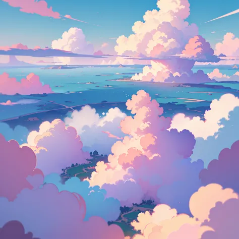 태양light, light, Top down view of the game, pastel tones, animated background, no people, sight, summer, sky, cloud, blurred back...