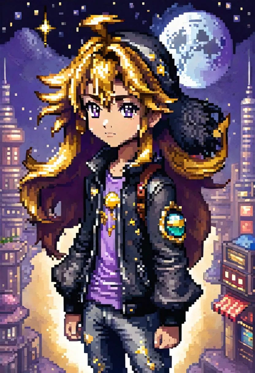 Solaria Moon, a Pokémon trainer protagonist in pixel art style, Pokémon sprite, game freak, by artist Ken Sugimori. He is 16 years old and measures 1.65 meters. Her hair is long and wavy, dark blue with silver reflections, and always wears a gold metal star as an ornament. His eyes are violet with a distinctive glow that reflects his passion for adventure.. He wears a black leather jacket with gold and silver details that simulate constellations. His shirt is dark purple with a crescent moon symbol in the center.. Wear tight pants and tall black leather boots. It is determined, curious, empathic and strategist. Shown full length in a top view sprite (overworld) in a more detailed style.