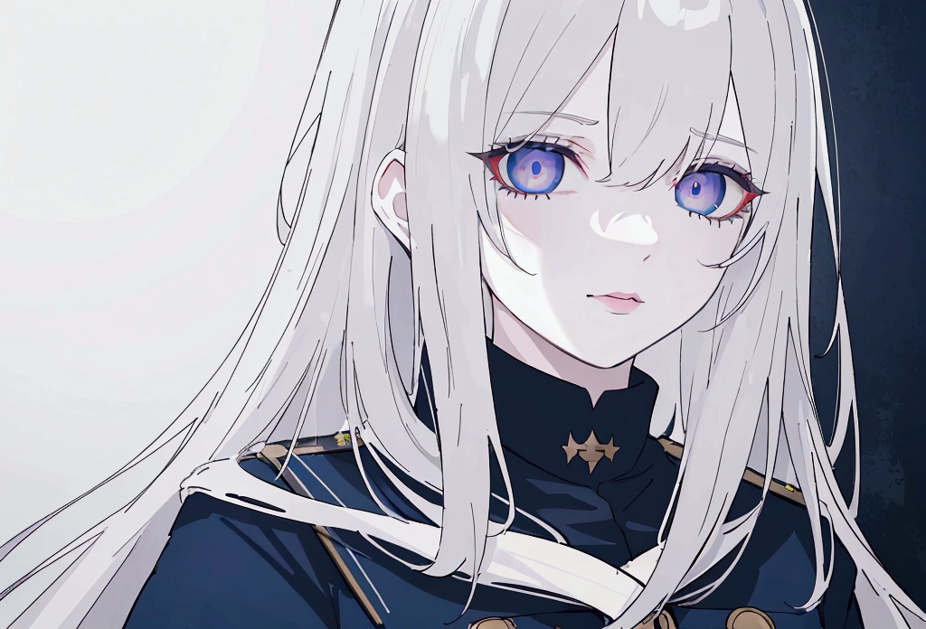 (Meilleure qualité,4k,8k,haute résolution,chef-d&#39;œuvre:1.2),1fille,animé,uniforme militaire,uniforme bleu foncé,longs cheveux blancs,yeux blancs,Regard maléfique,Visage détaillé,yeux détaillés,lèvres détaillées,long cils,art numérique,Éclairage cinématographique,Atmosphère sombre et maussade,ombres dramatiques sur trois côtés