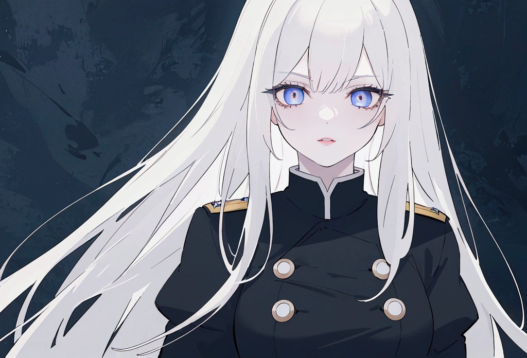 (best quality,4k,8k,highres,masterpiece:1.2),1girl,anime,military uniform,dark blue uniform,long white hair,white eyes,evil look,detailed face,detailed eyes,detailed lips,longeyelashes,digital art,cinematic lighting,dark moody atmosphere,dramatic shadows on three sides