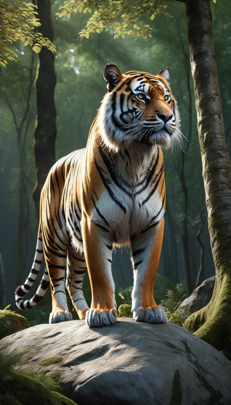 Side View，There is a wild beast standing on a stone in the forest，The body of a tiger，The tail of the cow（best quality，4K，8K，High level，masterpiece：1.2），Ultra Detailed，（lifelike，Photo real，Photo real：1.37），Highly detailed animals，Complex patterns，Realistic lighting，Fantasy Creatures