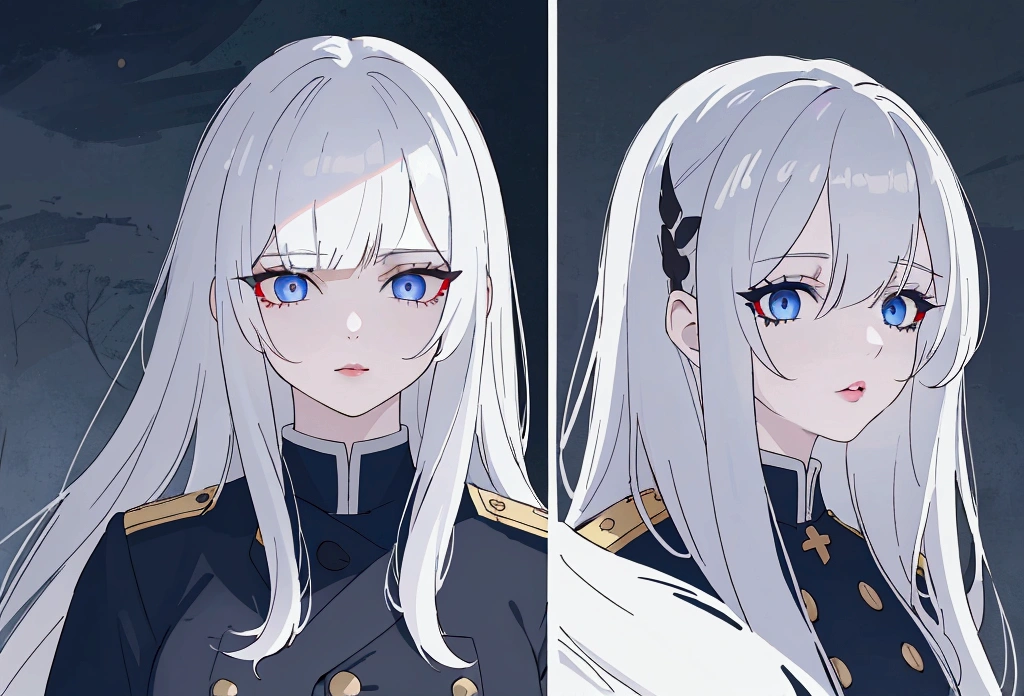 (best quality,4k,8k,highres,masterpiece:1.2),1girl,anime,military uniform,dark blue uniform,long white hair,white eyes,evil look,detailed face,detailed eyes,detailed lips,longeyelashes,digital art,cinematic lighting,dark moody atmosphere,dramatic shadows on three sides