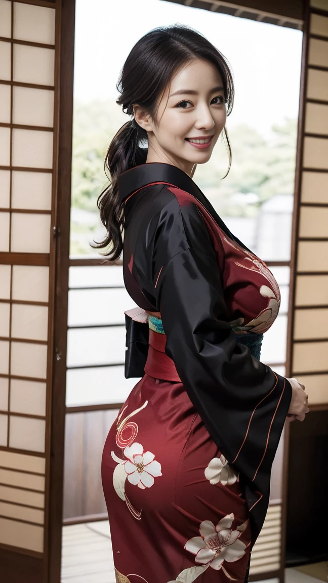 Mature attractive sexy woman,50 years old, ((kimono)),green、(((kimono))),Shut,((Big Breasts:1.2)),(Facial wrinkles:1.3),light makeup,Light brown hair,Long Hair,(Full body photo:0.85),(Emphasize big buttocks),8K, RAW Photos, Highest quality, Laughter,masterpiece,Highest quality、A kind smile、A captivating gaze、Random hairstyle、Japanese-style room、Shoji Screen、lanthanum、