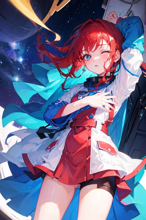girl in space, sleep, red hair and blue,