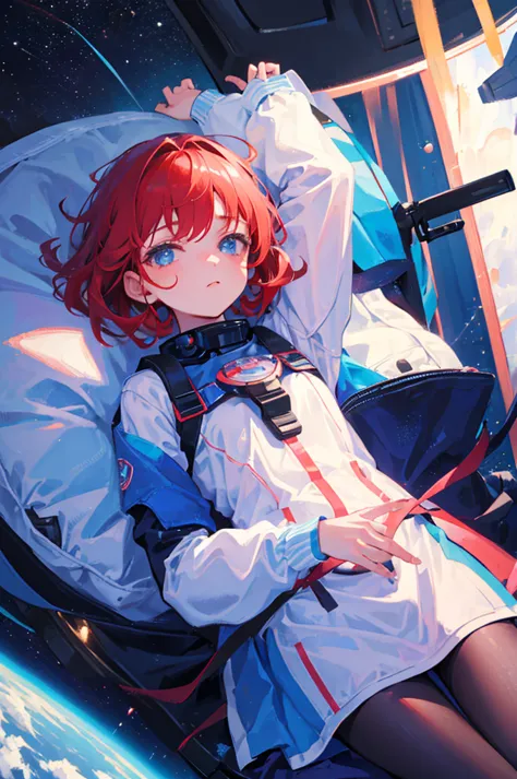 girl in space, sleep, red hair and blue,