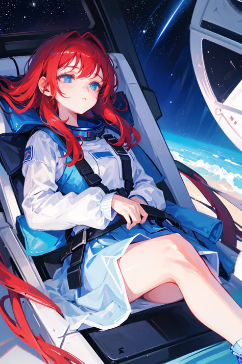 girl in space, sleep, red hair and blue,