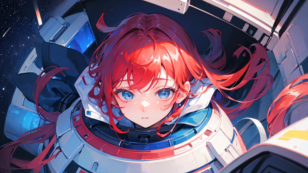 girl in space, sleep, red hair and blue,