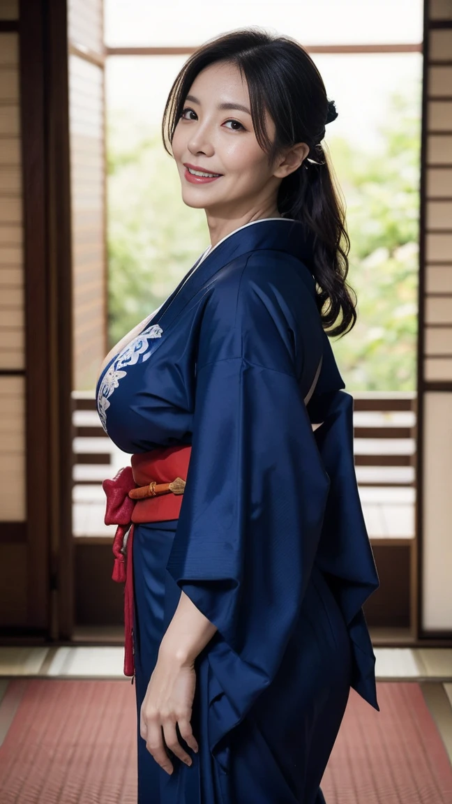 Mature attractive sexy woman,50 years old, ((kimono)),((Ultramarine))、(((kimono))),Shut,((Big Breasts:1.2)),(Facial wrinkles:1.3),light makeup,Light brown hair,Long Hair,(Full body photo:0.85),(Emphasize big buttocks),8K, RAW Photos, Highest quality, Laughter,masterpiece,Highest quality、A gentle smile、A gaze that seduces viewers、Random hairstyle、Japanese-style room、Shoji Screen、lanthanum、