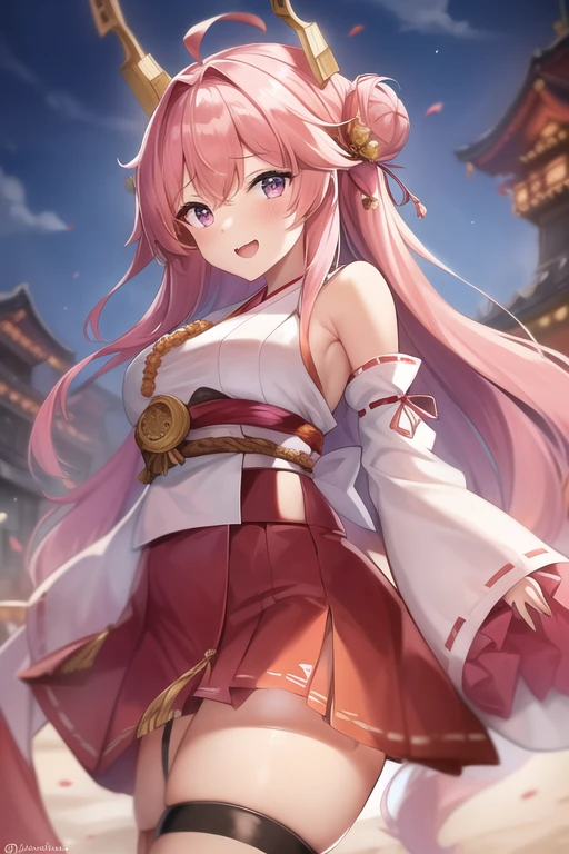 One girl, alone, Long Hair, King Kongu (Kantai Collection),Sakura Miko, Pink Hair, Double Bang, Purple eyes, Hair Bun, Ahoge, Open your mouth, Non-traditional Shrine Maiden, Removable sleeves, Brown eyes, White Background, (headgear):2, (Hair Bunド):2, smile, Sleeves edged with ribbon, Simple Background, kimono, Ribbon trim, View your viewers,  username, Upper Body, Wide sleeves, :d, King Kong