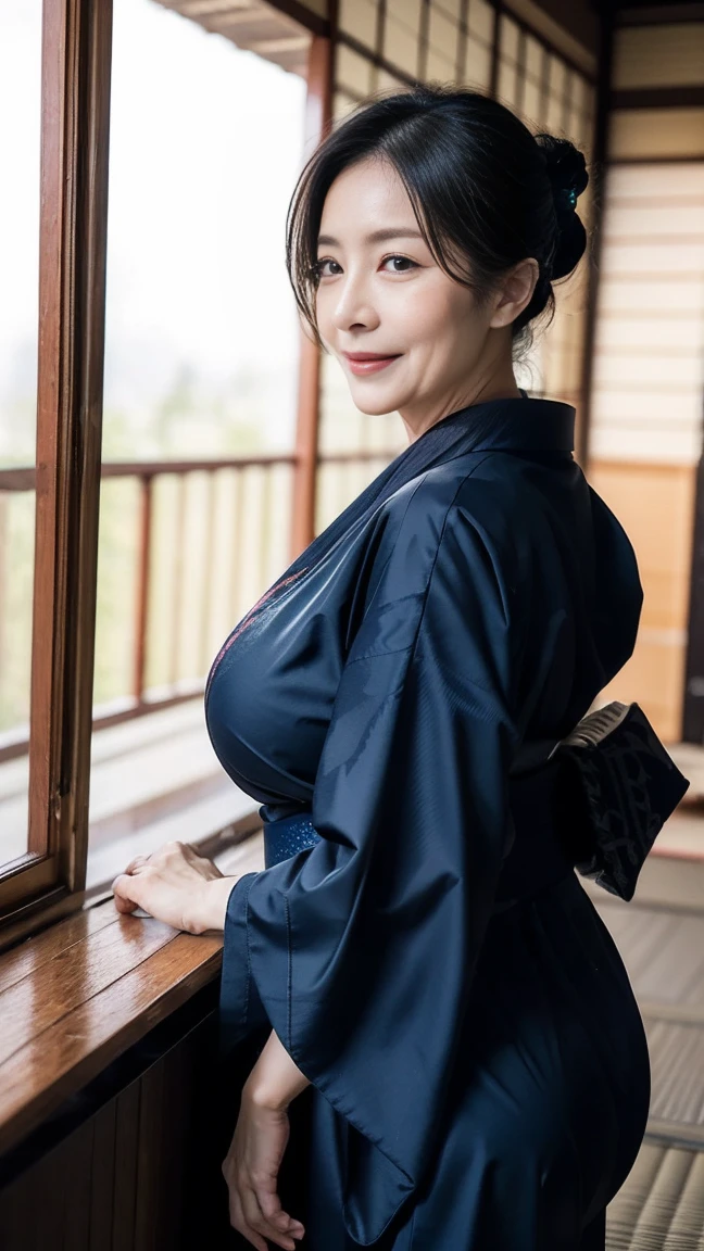 Mature attractive sexy woman,50 years old, ((kimono)),((Ultramarine))、(((kimono))),Shut,((Big Breasts:1.2)),(Facial wrinkles:1.3),light makeup,Light brown hair,Long Hair,(Full body photo:0.85),(Emphasize big buttocks),8K, RAW Photos, Highest quality, Laughter,masterpiece,Highest quality、A gentle smile、A gaze that seduces viewers、Random hairstyle、Japanese-style room、Shoji Screen、lanthanum、