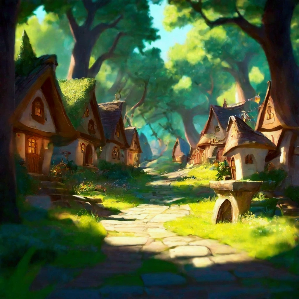 a close-up of a cartoon village with a path between several houses in a village in the Enchanted Forest, beautiful rendering of a fairy tale, Magic Village, medeival Fantasy City, sunlight and extravagant houses, Stylized 3D rendering, a bustling magical village, Fantasy City setting, Village in the forest, Stylized 3D rendering, Fantasy Village, stylized concept art, dark fantasy painting，cute