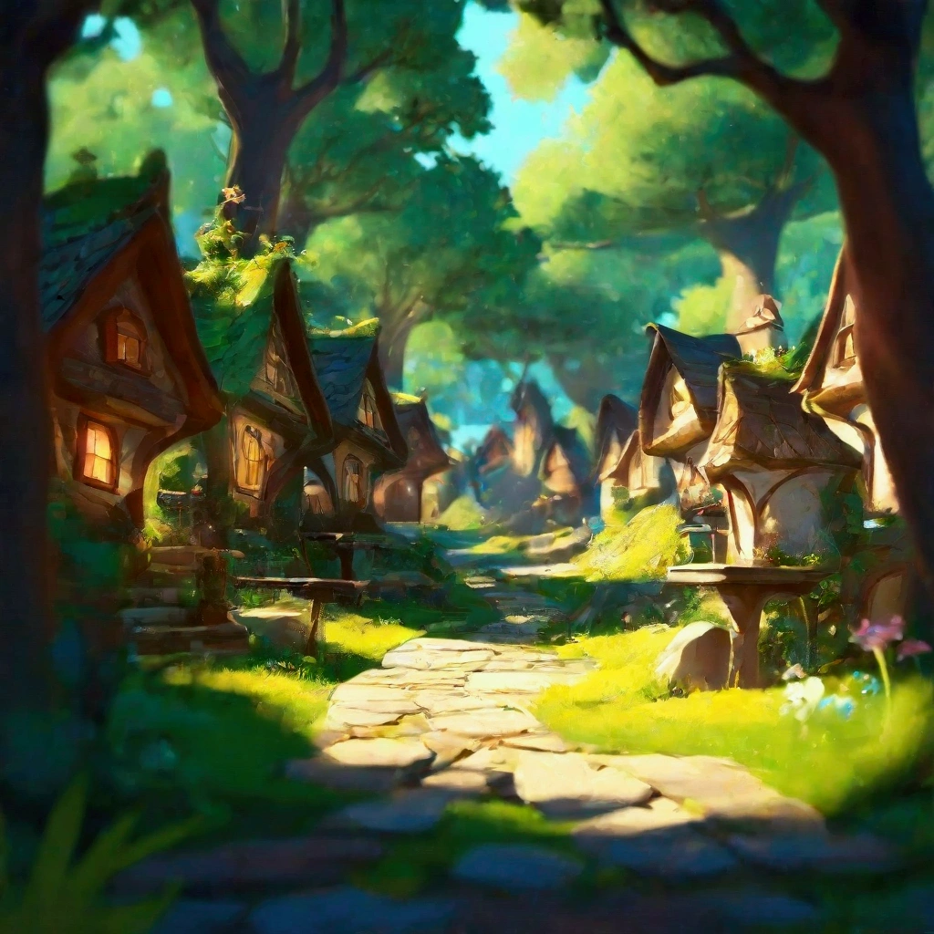 a close-up of a cartoon village with a path between several houses in a village in the Enchanted Forest, beautiful rendering of a fairy tale, Magic Village, medeival Fantasy City, sunlight and extravagant houses, Stylized 3D rendering, a bustling magical village, Fantasy City setting, Village in the forest, Stylized 3D rendering, Fantasy Village, stylized concept art, dark fantasy painting，cute