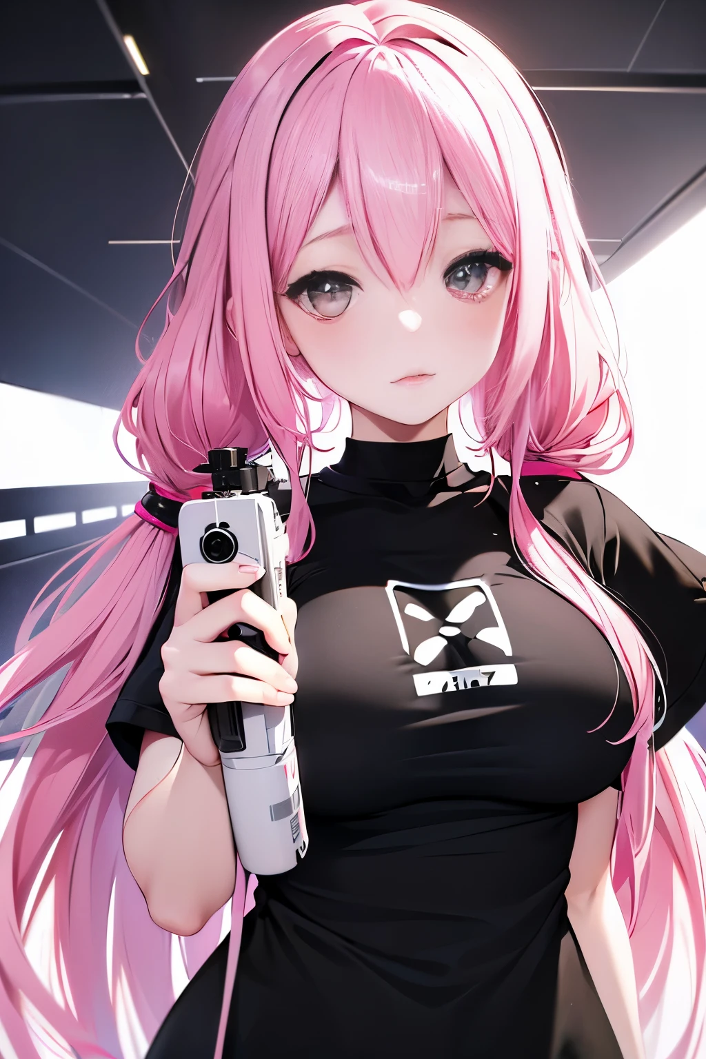 ((Upper body photo))、Cute face、Pink Hair、Long Hair、Twin tails、White skin、((Shooting from the front:1.5 ))、((Tight black t-shirt:1.5))。 ((Big Breasts)), Pointed nipples, masterpiece