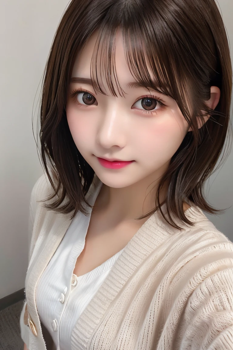 Highest quality, (beautiful)、Super delicate eyes、Brown eyes、23-year-old female、Brown Hair、Selfie、looking at the camera、Semi-short hair、cardigan、Soft breasts taken from above