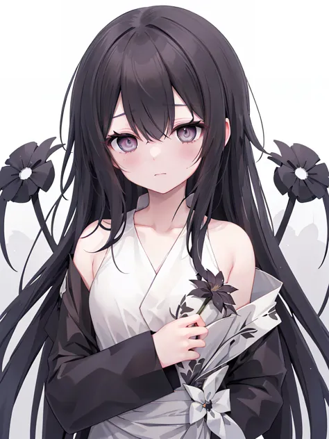 High Quality、Long Black Hair、Gray Eyes、Admission gown、Expressionless、dark、Eyes Shining、Black Flower、hollow、浮いている、手を上に伸ばす、