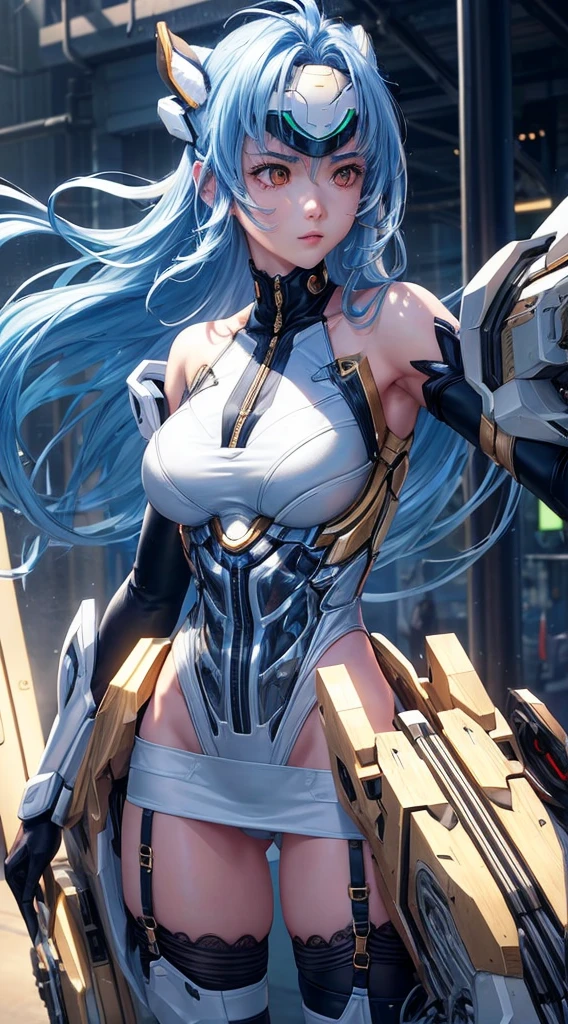 top-quality、​masterpiece、超A high resolution、(Photorealsitic:1.4)、女の子1人、Light blue hair、Straight hair, shiny and clean hair、White shiny skin、Sexy Cyberpunk Girl、((super realistic details))、Shadow、octan render、ultrasharp、hyperdetailed face、Fiberglass、Luminous tube、highly intricate detail、Realistic light、CGSoation Trends、((Golden Eyes))、(Facing the camera)、neon detailechanical limbechanical vertebrae attached to the back、mechanical cervical attaching to neck、Wires and cables connecting to the head、((valkyrie))、((Beam Cannon))、Combat stance