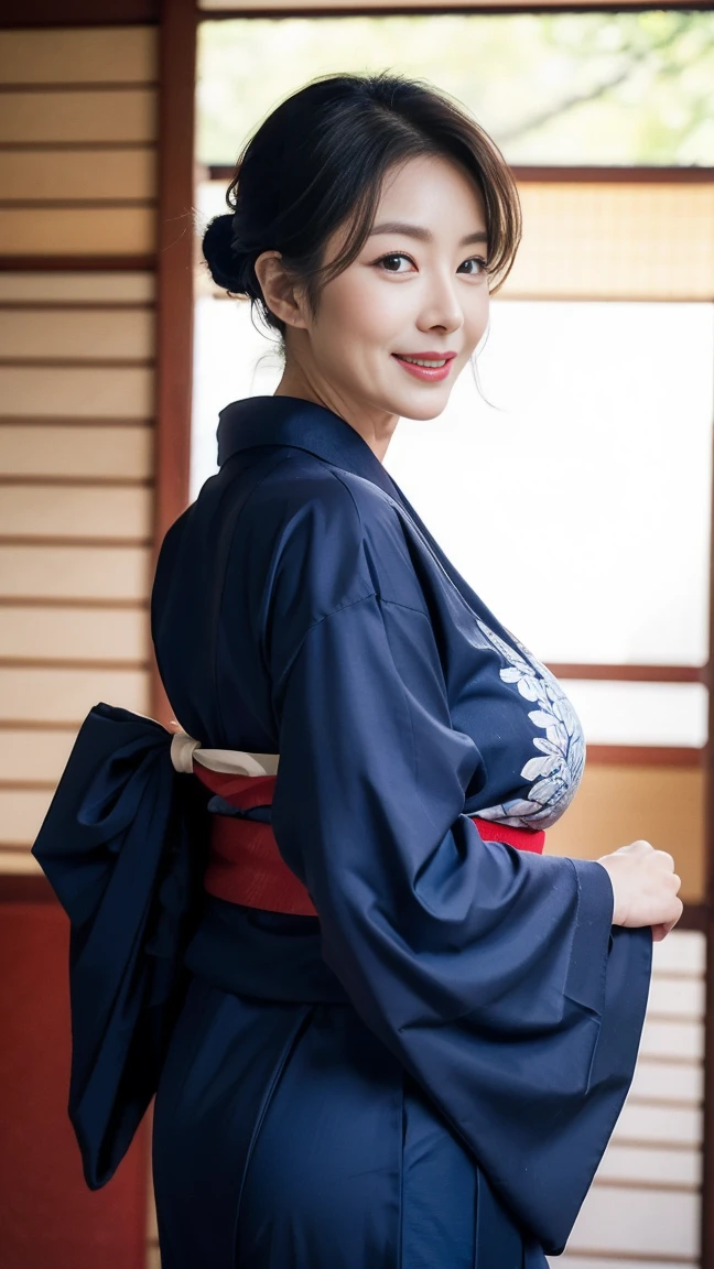 Mature attractive sexy woman,50 years old, ((kimono)),((Ultramarine))、(((kimono))),Shut,((Big Breasts:1.2)),(Facial wrinkles:1.3),light makeup,Light brown hair,Long Hair,(Full body photo:0.85),(Emphasize big buttocks),8K, RAW Photos, Highest quality, Laughter,masterpiece,Highest quality、A gentle smile、A gaze that seduces viewers、Random hairstyle、Japanese-style room、Shoji Screen、lanthanum、