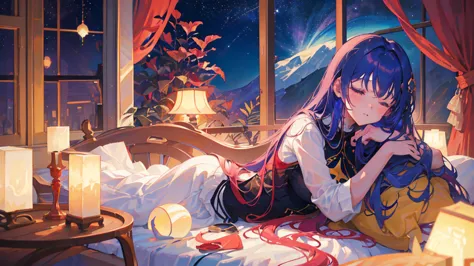 In the silent immensity of space, a young girl floats peacefully, asleep. Her hair, a vibrant cascade of red and blue, floats ar...