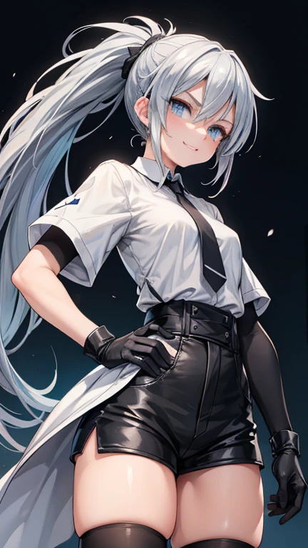 Adult features　tall　Light blue eyes　Gray Hair　ponytail　Slit eyes　laugh at　Glare　frivolous attitude　Evil Face　White shirt　Black hot pants　Black long gloves　Black knee socks　grassland　Place your right hand on your hip　looking at the camera