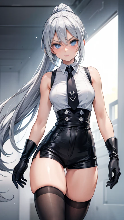 Adult features　tall　Light blue eyes　Gray Hair　ponytail　Slit eyes　laugh at　Glare　frivolous attitude　Evil Face　White shirt　No tie　Black hot pants　Black long gloves　Black knee socks　grassland　looking at the camera