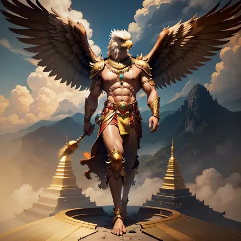 Garuda bird, human male, eagle head The head is probably a eagle. Has a eagle's head, brown feathers, yellow eye details, muscul...