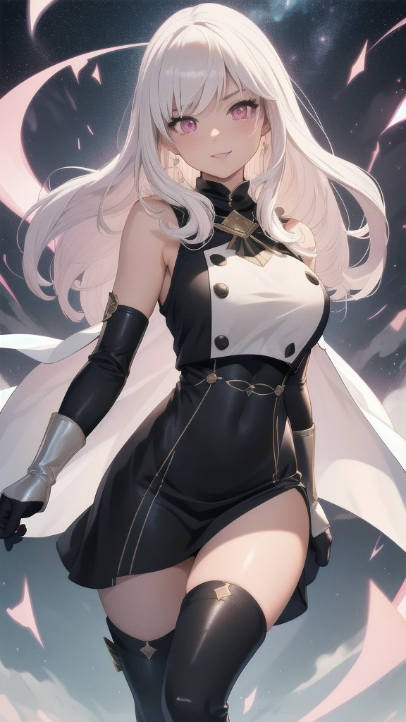 masterpiece, best quality, 1 solo girl, white hair, pink eyes, long hair, medium breasts, sexy body and face, wavy hair, smile, parted lips, gradient clothes, dress, elbow gloves, sleeveless, bare shoulders, cape,boots, bracelet, sleeveless dress, ribbon, black gloves, turtleneck, short dress, pantyhose, black footwear, night, sexy pose, cowboy shots, detailed body, face, and eyes, sharp focus, vibrant, creative, dynamic, high definition, high resolution, 8k, (Upscale: R-ESRGAN 4x+ Anime6mage enchance:4x), voluptuous body, cinema lightning, dakimakura style, looking at the viewer,