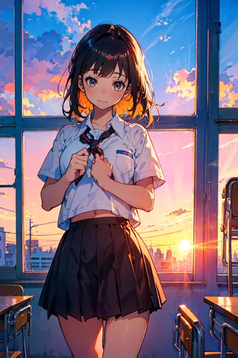 1girl,solo,cute,a girl in love,shirt and skirt,student,in classroom,after school,sunset