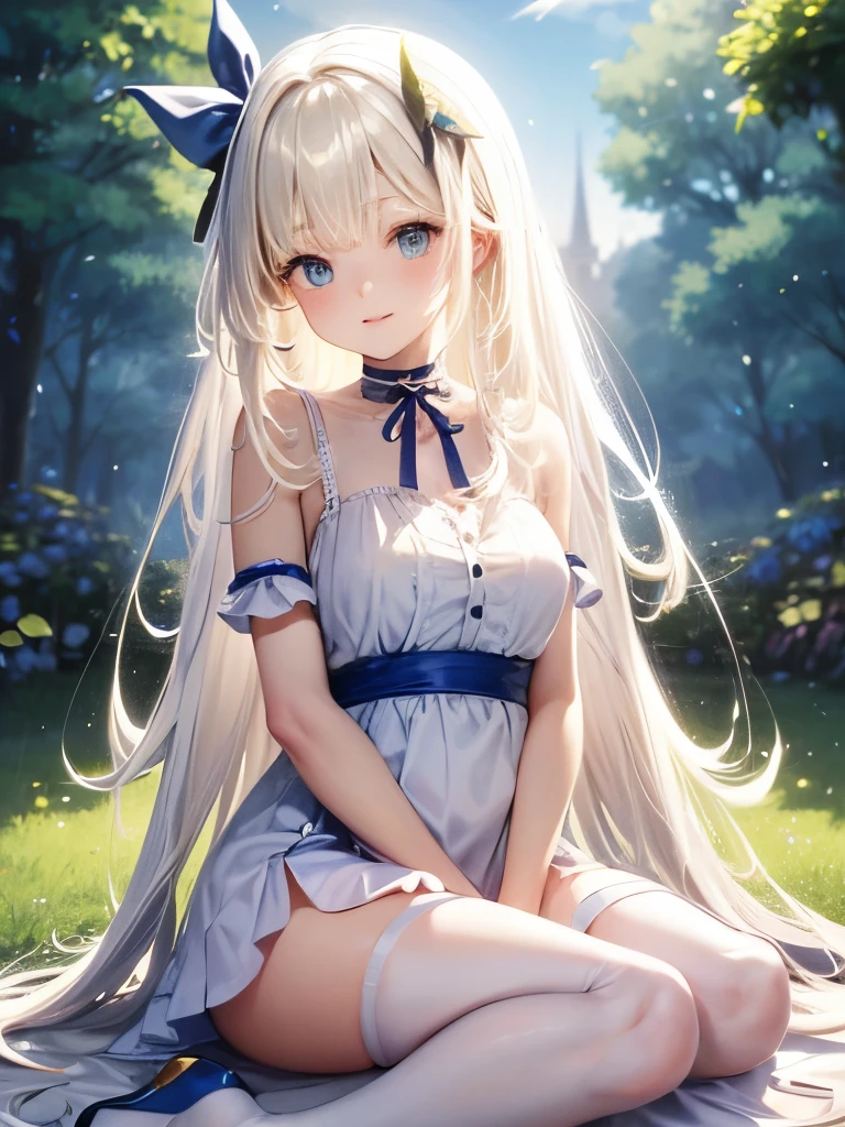 (Alice in Wonderland)、Ultra-high resolution、Highest quality、1beautiful girl、Ultra high definition、8k Ultra HD、Beautiful face、Silky platinum blonde extra long straight hair、beautiful, clear, big lapis lazuli eyes、Big beautiful breasts、beautiful collarbone、Cute smile、Soft skin texture、White apron、Blue Dress、Blue Dress with Open Neckline、(Big ribbon hair ornament)、choker、In the English garden、Sit on the grass、comfortable、Blowing in the Wind、風になびくSilky platinum blonde extra long straight hair、