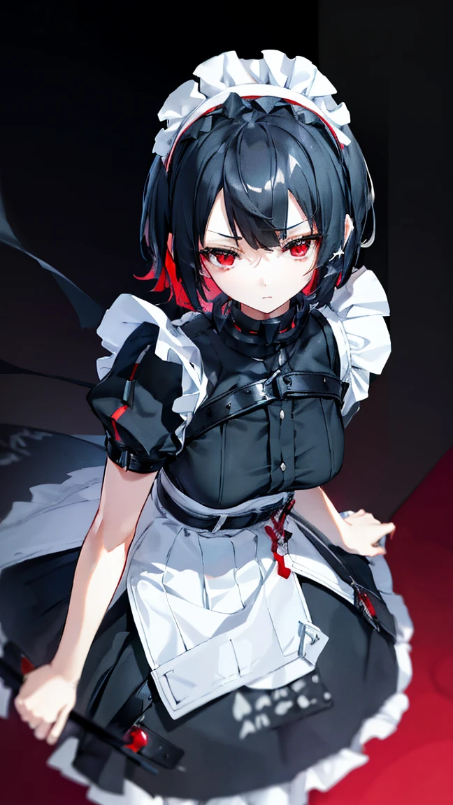 High resolution,high resolution,Girl,Black Hair,Short Hair,Red Eyes,Slanted Eyes,Bad mood,boyish,slender,Toned body,,,Maid clothes,Starry Sky,choker,,