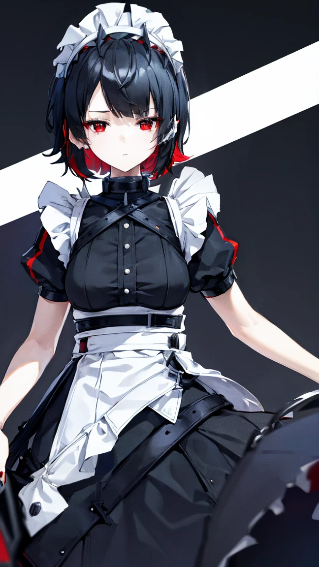 High resolution,high resolution,Girl,Black Hair,Short Hair,Red Eyes,Slanted Eyes,Bad mood,boyish,slender,Toned body,,,Maid clothes,Starry Sky,choker,,