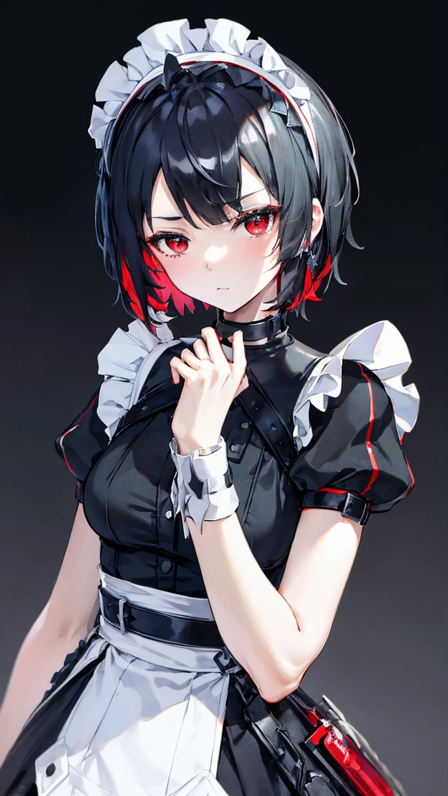 High resolution,high resolution,Girl,Black Hair,Short Hair,Red Eyes,Slanted Eyes,Bad mood,boyish,slender,Toned body,,,Maid clothes,Starry Sky,choker,,