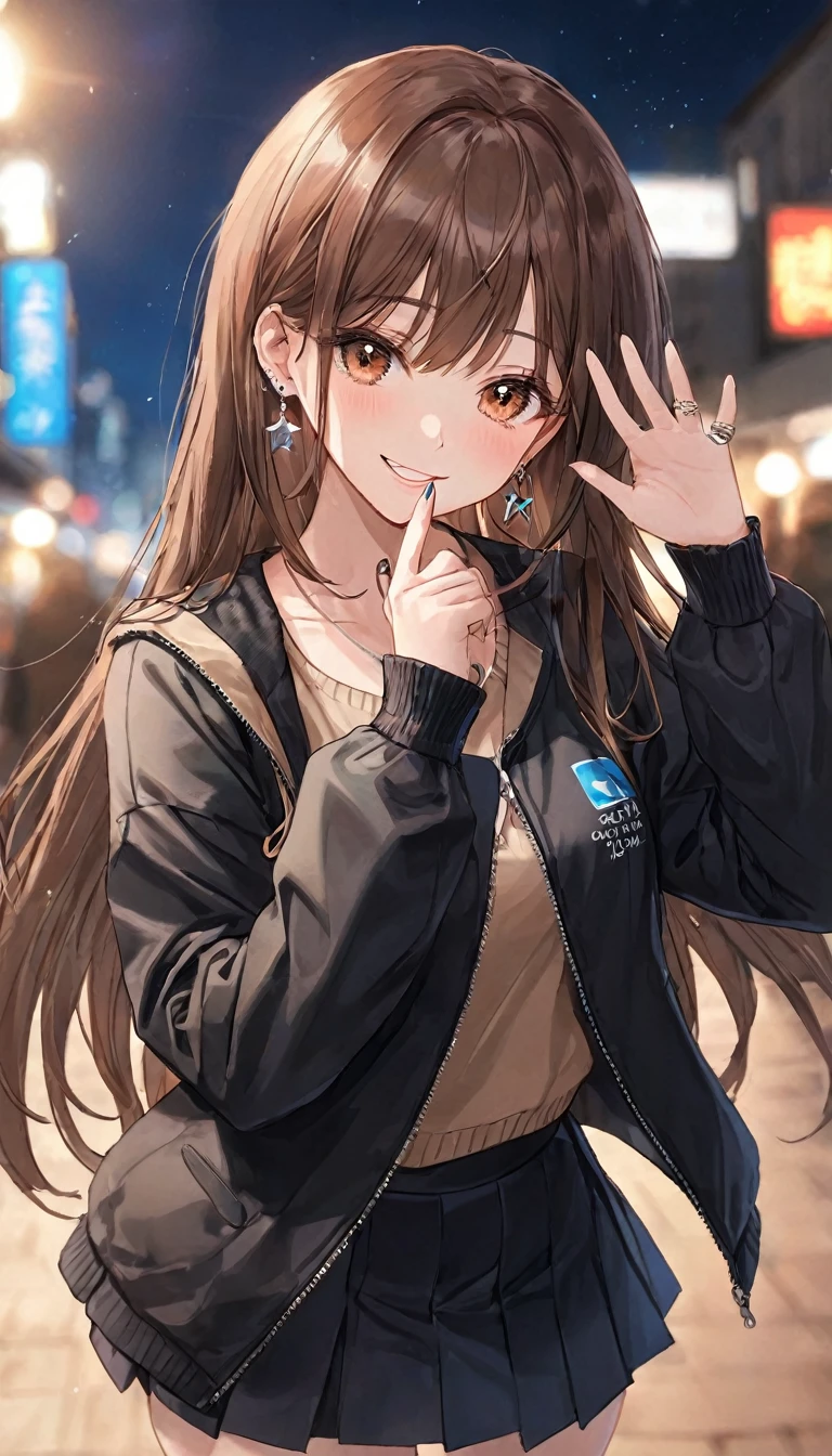 One Girl, Ahoge, bangs, black skirt, black sweater, Blue Claws, Blurred, Blurred background, chest, Brown eyes, Brown Hair, brown Jacket, Mouth closed, Day included, Day, Written boundary depth, Earrings, eyelash, Please raise your hand, Tilt your head, Jacket, jewelry, Long Hair, Long sleeve, Show Viewer, medium chest, Manicure, Open clothes, open Jacket, Outdoor, Pursing your lips, tuck your shirt in, Side Lock, skirt, Sleeves are longer than the wrist, alone, sweater, Upper Body, zipper, smile, ((masterpiece)), 