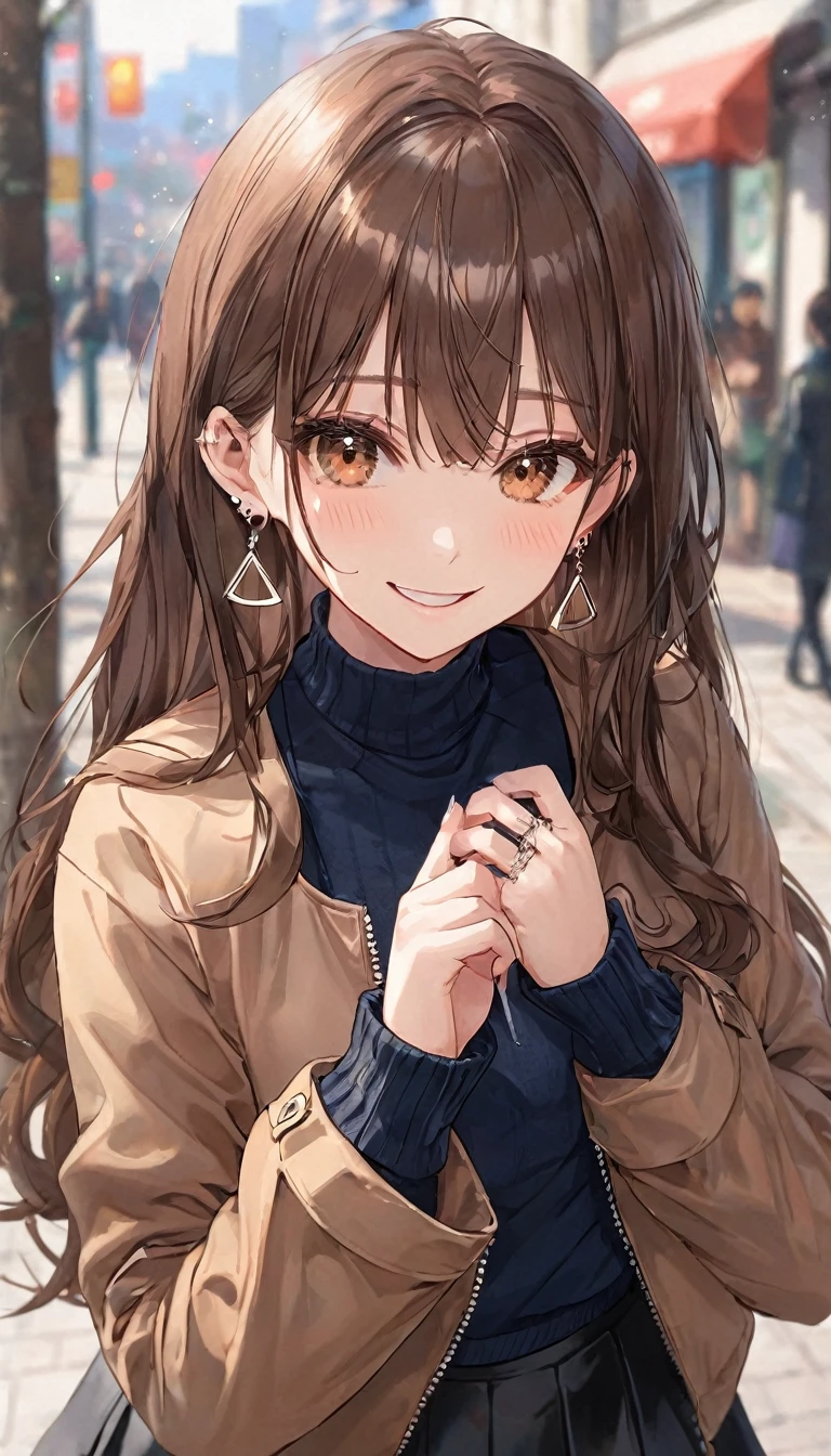 One Girl, Ahoge, bangs, black skirt, black sweater, Blue Claws, Blurred, Blurred background, chest, Brown eyes, Brown Hair, brown Jacket, Mouth closed, Day included, Day, Written boundary depth, Earrings, eyelash, Please raise your hand, Tilt your head, Jacket, jewelry, Long Hair, Long sleeve, Show Viewer, medium chest, Manicure, Open clothes, open Jacket, Outdoor, Pursing your lips, tuck your shirt in, Side Lock, skirt, Sleeves are longer than the wrist, alone, sweater, Upper Body, zipper, smile, ((masterpiece)), 