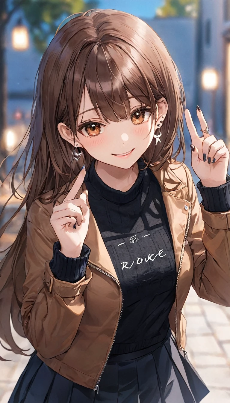 One Girl, Ahoge, bangs, black skirt, black sweater, Blue Claws, Blurred, Blurred background, chest, Brown eyes, Brown Hair, brown Jacket, Mouth closed, Day included, Day, Written boundary depth, Earrings, eyelash, Please raise your hand, Tilt your head, Jacket, jewelry, Long Hair, Long sleeve, Show Viewer, medium chest, Manicure, Open clothes, open Jacket, Outdoor, Pursing your lips, tuck your shirt in, Side Lock, skirt, Sleeves are longer than the wrist, alone, sweater, Upper Body, zipper, smile, ((masterpiece)), 