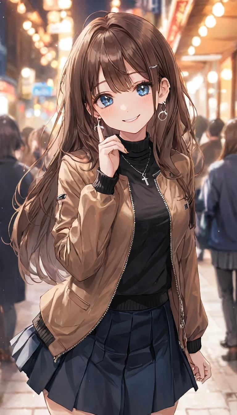 One Girl, Ahoge, bangs, black skirt, black sweater, Blue Claws, Blurred, Blurred background, chest, Brown eyes, Brown Hair, brown Jacket, Mouth closed, Day included, Day, Written boundary depth, Earrings, eyelash, Please raise your hand, Tilt your head, Jacket, jewelry, Long Hair, Long sleeve, Show Viewer, medium chest, Manicure, Open clothes, open Jacket, Outdoor, Pursing your lips, tuck your shirt in, Side Lock, skirt, Sleeves are longer than the wrist, alone, sweater, Upper Body, zipper, smile, ((masterpiece)), 