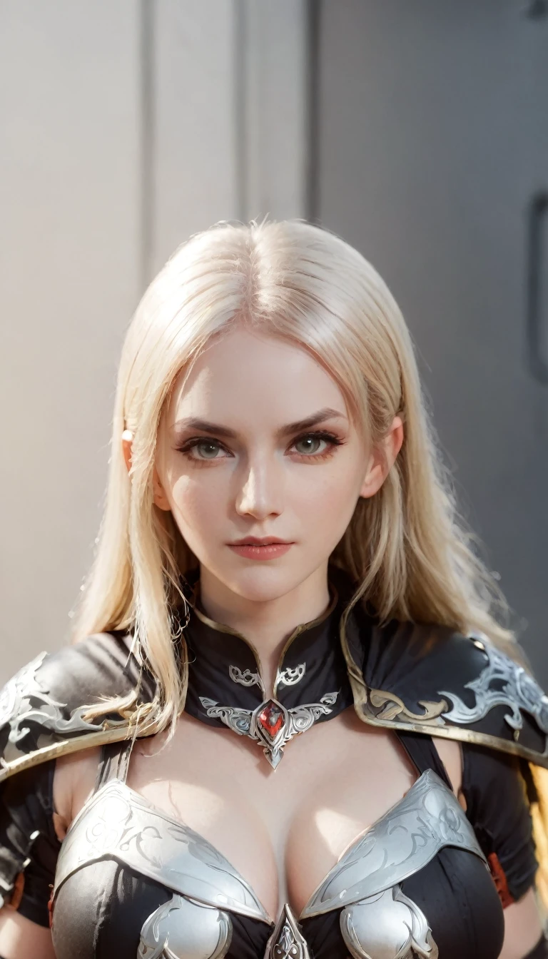 (character portrait for the game Dungeons and dragons), (female 30 years old, spellblade, high charisma), (white skin:0.8, nordic facial features, heavy black makeup, light blue eyes, blond, long, straight hair), (dark fantasy), (heavy platemail armor, gray metallic, cleavage),([dim lights], shadows in the background, red, black, yellow)