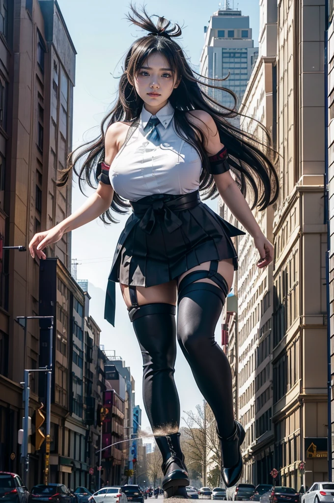 in die Kamera schauen、Das Gebäude stürzt ein、Urbanes Treiben、Stau、Stadt der Trümmer、Straßenbaum、((((Azur Lane Cheshire Cosplay))))、Dienstmädchen-Outfit mit Rüschen、(Super riesige Brüste)、(pralle Oberschenkel)、Grundriss，Stadt der Riesen,500 Fuß großes riesiges Mädchen，Wolkenkratzer,Hat super lange Beine,Treten Sie ein in die Menge，Es sind viele Leute auf der Straße,Kniestrümpfe，Sie hat hüftlanges schwarzes Haar，Tragen Sie Mary Jane Heels，Ein glücklicher Blick，auf den Ruinen stehen，schönes Aussehen，Exquisites Make-up，Qualität，8K，高Qualität，Perfekte Proportionen, Kinobeleuchtung，Filmkorn，Die Farben des Fuji，8K，Strukturierte Haut，Super Detail，Hohe Detailliertheit，high Qualität，Hohe Auflösung，explodieren，Falsches Lächeln,Zeig deine Hose