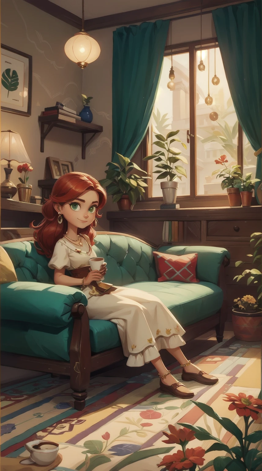 Concept Art,character illustration of a,European and American cartoons,（whole body：1.5），Mid-Long View，carpet，（Looking at the camera），shoe，一个20岁的金发女生happy的sit在living room，Holding a cup of coffee，happy，A laid-back expression，Relax，Leisure，European and American cartoons，1 Girl,freckle,Solitary,Jewelry,Green Eyes,Weaving,earrings,twin Weavings,necklace,Looking at the audience,Red hair,plant,Puff sleeves,bracelet,Smile,Long hair,puffy short sleeve,Necklace,dress,flower,Coffee cup,Gloves,earrings,Jewelry,肘部Gloves,cup,sit,sofa,window,sofa，living room，solo,Looking at the camera，Look at the audience，