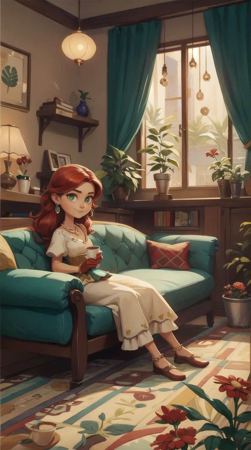 Concept Art,character illustration of a,European and American cartoons,（whole body：1.5），Mid-Long View，carpet，（Looking at the camera），shoe，一个20岁的金发女生happy的sit在living room，Holding a cup of coffee，happy，A laid-back expression，Relax，Leisure，European and American cartoons，1 Girl,freckle,Solitary,Jewelry,Green Eyes,Weaving,earrings,twin Weavings,necklace,Looking at the audience,Red hair,plant,Puff sleeves,bracelet,Smile,Long hair,puffy short sleeve,Necklace,dress,flower,Coffee cup,Gloves,earrings,Jewelry,肘部Gloves,cup,sit,sofa,window,sofa，living room，solo,Looking at the camera，Look at the audience，