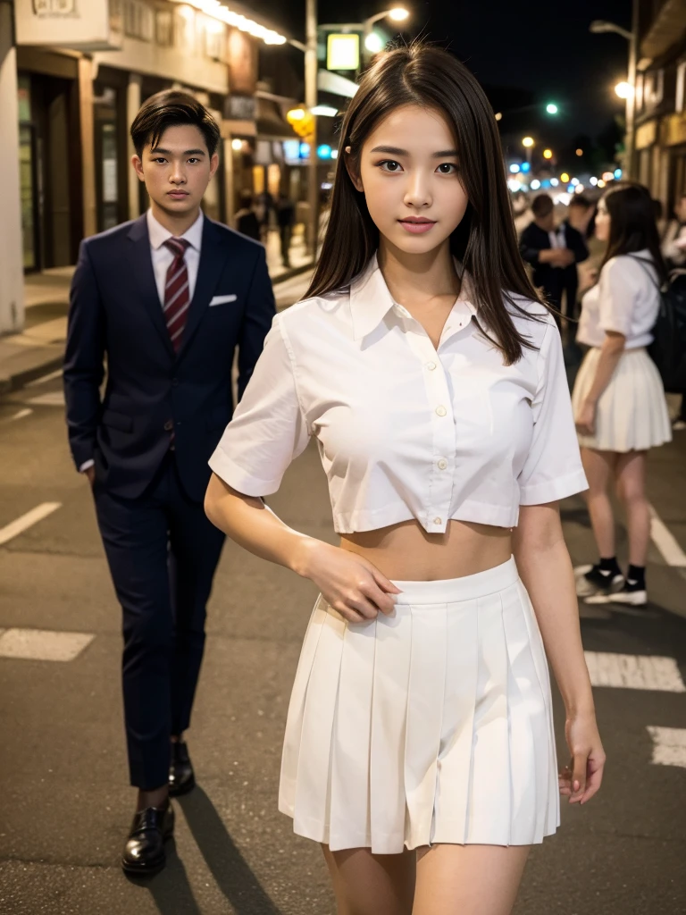 ((super high quality、High resolution、masterpiece、 Anatomically correct、Super detailed photos、Ultra-realistic photos、 Highest quality))、(2girs)、looking at viewer、Night cityscape、Uninhabited downtown、Walk over here、(cowboy shot)、(school uniform:1.2)、white formal shirt、((from front))、(huge breast)、Small waist、Detailed face、Perfect figure、Brown Hair、Medium Hair