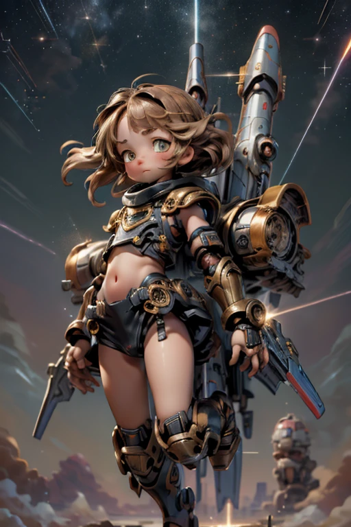 (Top quality, ultra high quality, ultra high definition, realistic masterpiece,) (Carefully created CG illustration: 1.2) One girl, Mecha girl ((Cute short girl))) (Petite, Mini, 10 years old: 1.5) Realistic anime face (Big eyes, big face, beautiful face) ((Spaceship lower body, lots of jet boosters)) (Gigant , armor, huge gauntlets from elbow to elbow, mechanical ring on head, goggles on forehead, huge gun on back) Whole body composition, space war, lots of small flashes ((Many bursts of light in the background)) Effective use of LoRA, cool looking up pose, carefully balanced over a long period of time